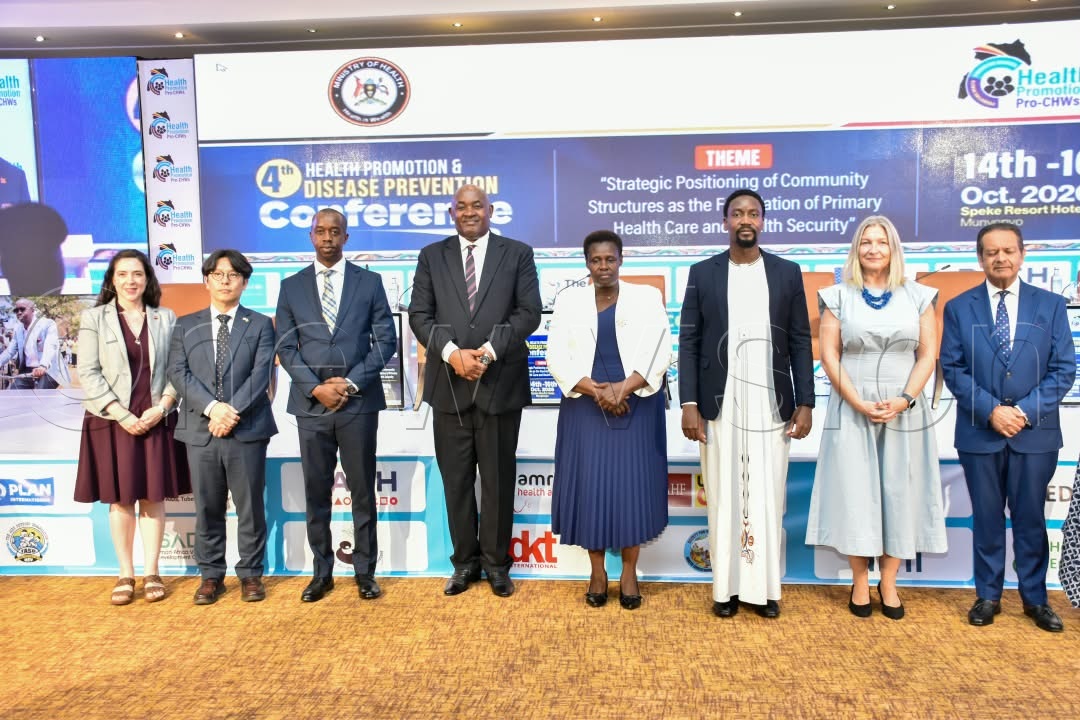 Vice-President Jessica Alupo (centre), Health Minister Chris Baryomunsi (4th right), Kyabazinga of Busoga Kingdom, His Majesty William Gabula Nadiope IV (3rd right) and other dignitaries pose for a photo during the conference at Speke Resort Munyonyo. (Credit: Simon Peter Tumwine)