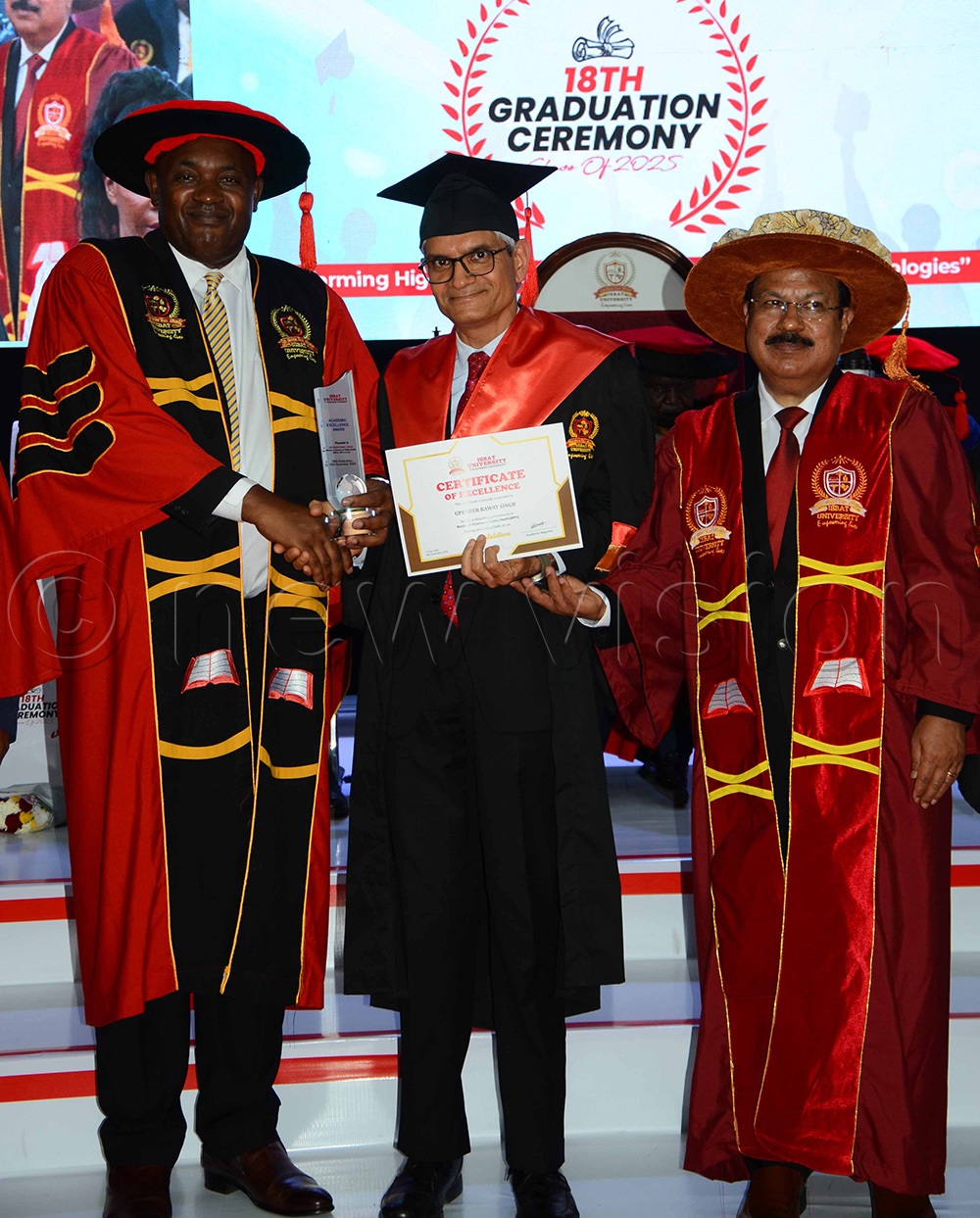 L-R: ICT minister Dr Chris Baryomunsi, Ambassador of India to Uganda Upenda Rawat Singh and Varghese Mundamattam, the chairman board, ISBAT University. (Photo by Vivien Nakitende)
