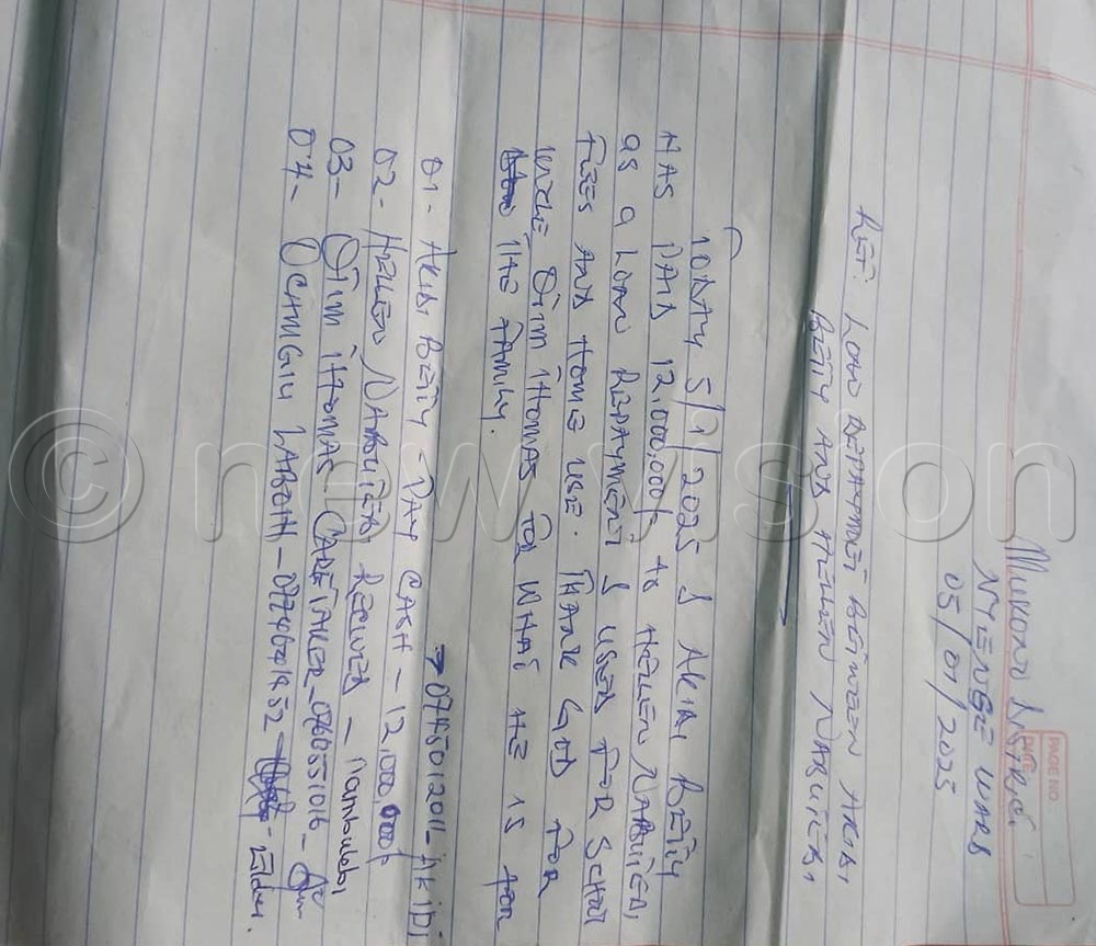 The letter of loan repayment agreement authored by Thomas Otim.