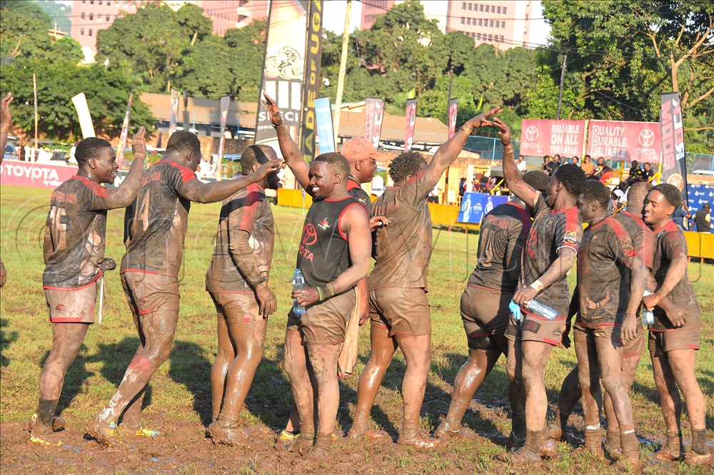 Buffaloes players celebrate winning  Heatehens in the league encounter Mar 7 at Kyadongo. Buffaloes won 12-07. 