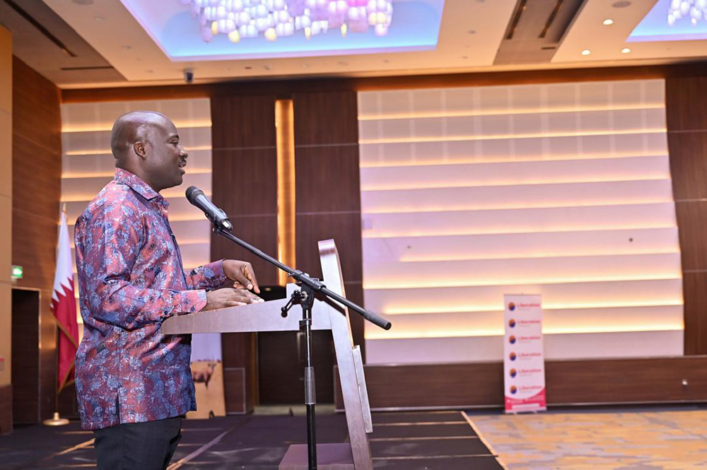Senior Presidential Advisor on Diaspora Affairs and Head of the State House Diaspora Unit, Mohammed Bagonza, giving his speech during the 2nd Uganda–Qatar Diaspora Convention. (Credit: Uganda High Commission Qatar)