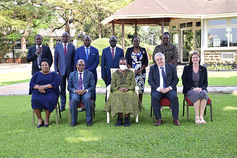 The First Lady and Minister of Education and Sports, Janet K. Museveni, in a group photograph with the outgoing Irish Ambassador, Kevin Colgan, officials from the Ministry of Education and Sports, and members of the Irish Embassy. (Credit: PPU)