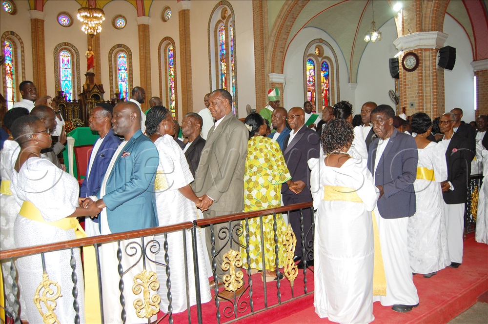 The couples that wedded at Lubaga Cathedral renewing their marital vows during the Pontifical mass presided over by Achbishop Paul Ssemogerere at the cathedral on Sunday, October 12, 2025.