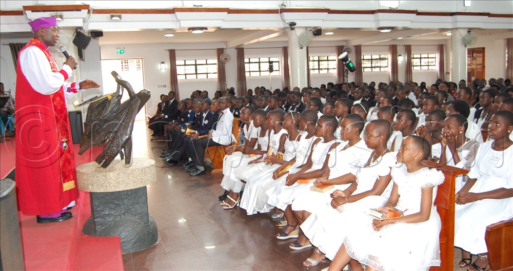 The Archbishop of the Church of Uganda,  Samuel Stephen Kaziimba Mugalu delivers his homily to the students of Makerere College School during the Confirmation Service at St. Francis Chapel, Makerere University.
