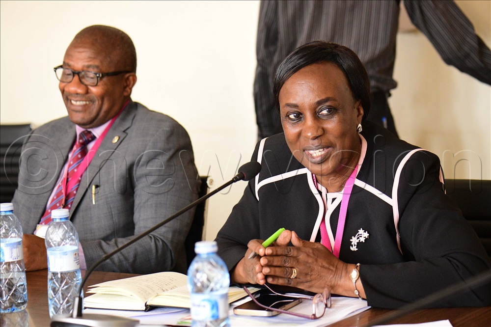Canon Dr. Ruth Senyonyi chairperson of the Uganda Aids Commission (right) and Dr. Vincent Bagambe, Director Planning and strategic information Uganda AIDS Commission before the HIV&AIDS Committee of Parliament on October 15, 2025.  