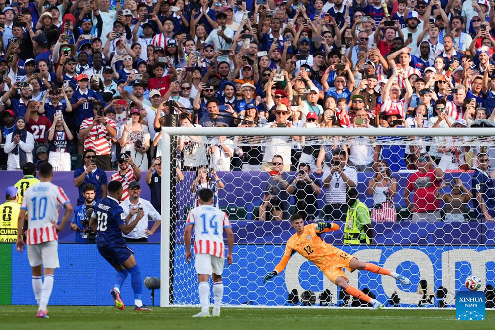 Kylian Mbappe (2nd L) of France shoots a penalty kick and scores during the round of 16 match between France and Paraguay at the 2026 FIFA World Cup at Philadelphia Stadium in Philadelphia, the United States, July 4, 2026. (Xinhua/Lui Siu Wai)
