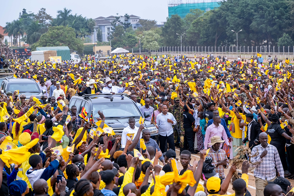 A large crowd of NRM supporters welcoming President Museveni and First Lady and Minister of Education and Sports, Janet Museveni, at Kololo independence grounds. (PPU)
