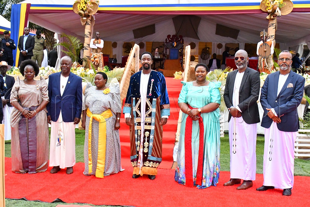 From L-R; Kyabazinga Affairs Minister Yudaya Babirye, Prof Wasswa Balunywa, Prime Minister Robinah Nabanja, Kyabazinga William Gabula Nadiope IV, Minister for Presidency Mulli Babirye Babalanda, Busoga Kingdom's Prime Minister Dr. Joseph Muvawala and his 2nd deputy Osman Noor Ahmed in a group photograph while at the 11th Coronation Anniversary event of Kyabazinga at Busoga Kingdom headquarter ground on Saturday in Jinja City. (Photo by Donald Kiirya)