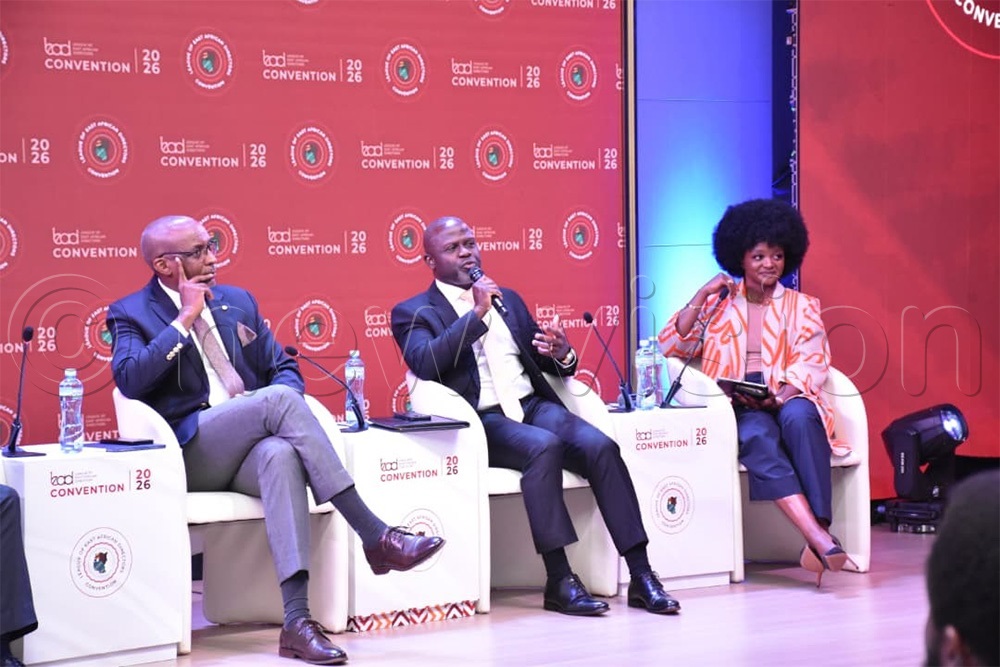 Michael Niyitegeka, Board Member, Vision Group, Peter Mungoma, Capital Radio Group and Evelyn Namara, Board Member, KCB Bank, during a panel discussion. (Photo by Simon Peter Tumwine)