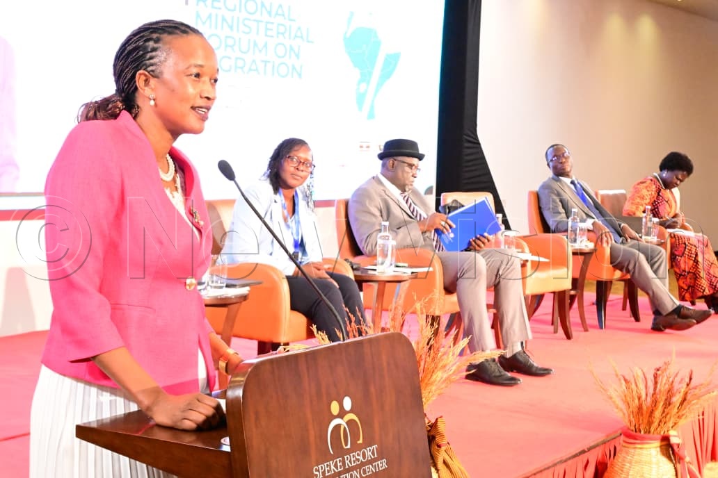 Hon. Minister Esther Davina Anyakun, Regional Ministerial Forum on Migration (RMFM) chairperson delivering her remarks at the opening ceremony.