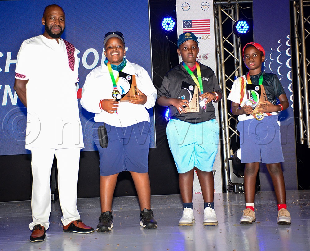 The top junior golfers over 9 holes Itiel Hanz Tayebwa (2nd left) Kennan Itiel Tayebwa (2nd right) and Buka Humuza (right), Peter Mayende (3rd left) and Derrick Musana (center) pose with Kampala Golf Center's Collin Luswata after the AMCHAM Golf Championship at the Serena course, July 4, 2026. (Photo by Michael Nsubuga)