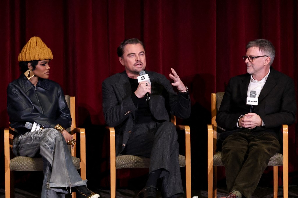 (L-R) Teyana Taylor, Leonardo DiCaprio and Paul Thomas Anderson SiriusXM's Front Row Series With The Cast And Creatives Of Warner Bros. Pictures&rsquo; &ldquo;One Battle After Another" at DGA Theater on January 14, 2026 in New York City.   