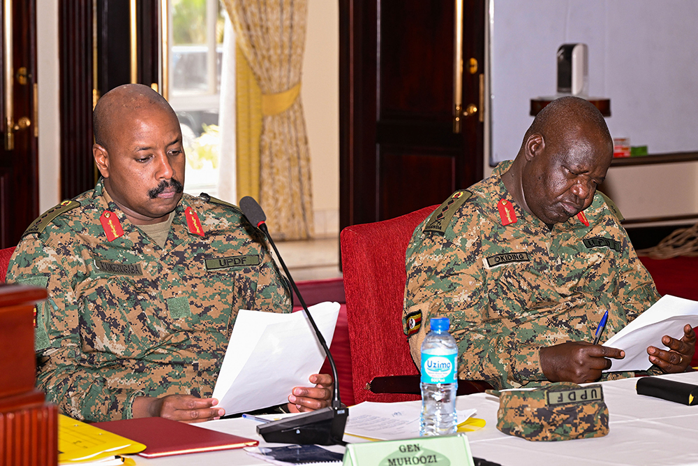 CDF Gen. Muhoozi Kainerugaba (L) and deputy CDF Gen Okiding attending the UPDF Military High Command meeting chaired by President Museveni at State House, Entebbe, on Tuesday, Feb. 24, 2026. (PPU Photo)