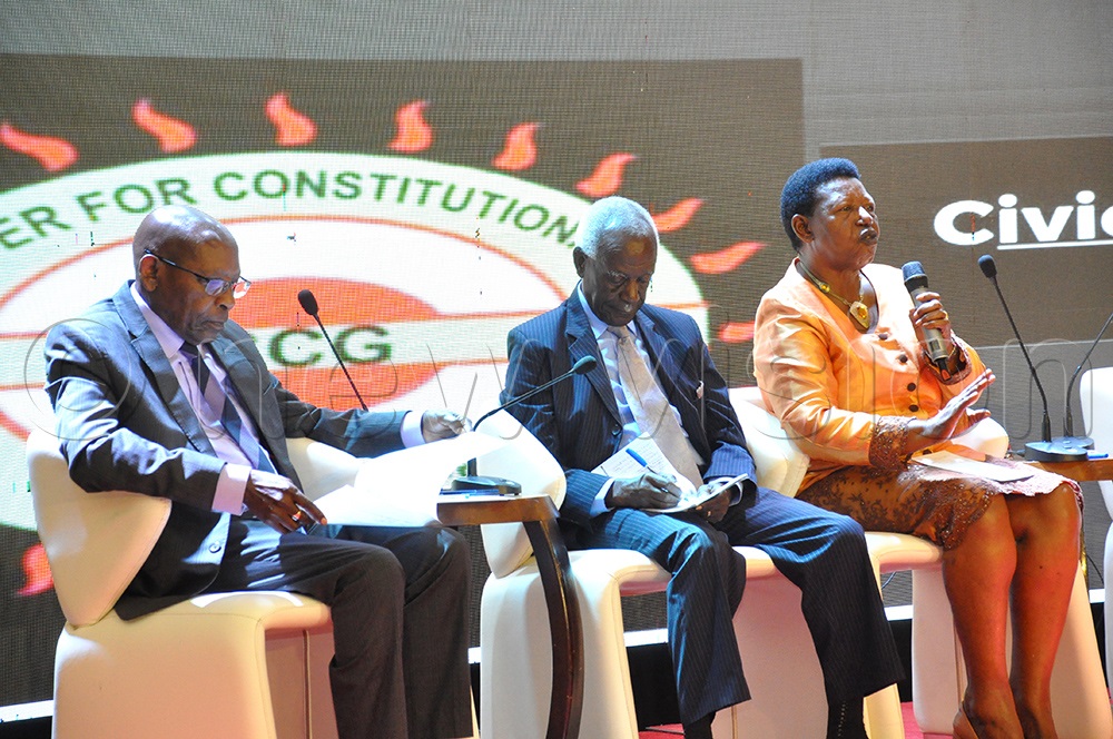 (L-R) Professor Frederick Ssempebwa, former member of the 1995 Constitution Commission, James Ogoola former Principal Judge of the High Court of Uganda and Miria Matembe former Member of the Constituent Assembly. This was during the 2nd National Uganda Constitution Conference at Sheraton Hotel on October 10, 2025. (Photo by Nancy Nanyonga)