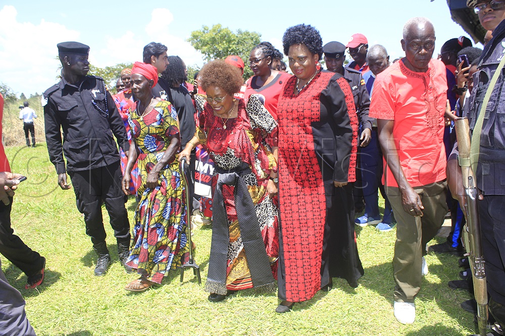 Maama Miria Kalule Obote and Betty Amongi at the memorial service. (Credit: Solomon Okabo)