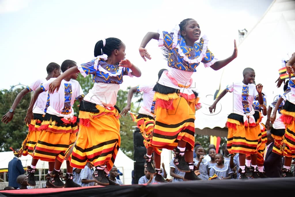 Nakivubo Blue Primary School dance group performing a dance at the independence celebrations.