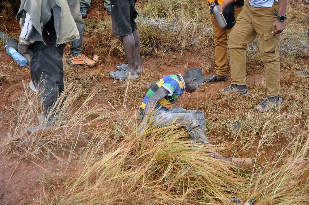 One of the youth rescued form the truck carrying limestone that had overturned, burying him and another young loader. They were rescued and rushed to Moroto Hospital. (Photo by John Odyek)