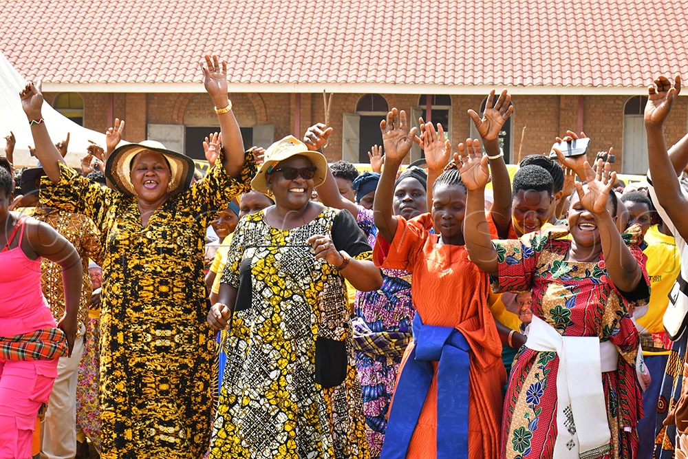 Former KCCA executive director and Champion of Neyendeire Development Initiative Dorothy Kisaka (middle) in a happy mood with women leaders during a meeting at Kiyunga Secondary School in Luuka district on Monday.  (Photo by Donald Kiirya)