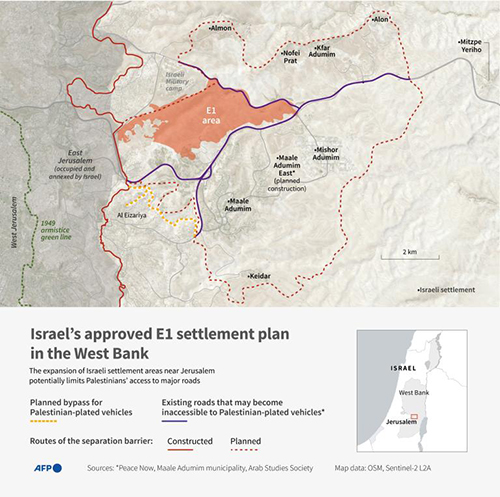 Infographic with a map showing the areas approved for a settlement construction in the controversial E1 area in the occupied West Bank, which may limit Palestinians' access to major roads. (AFP)