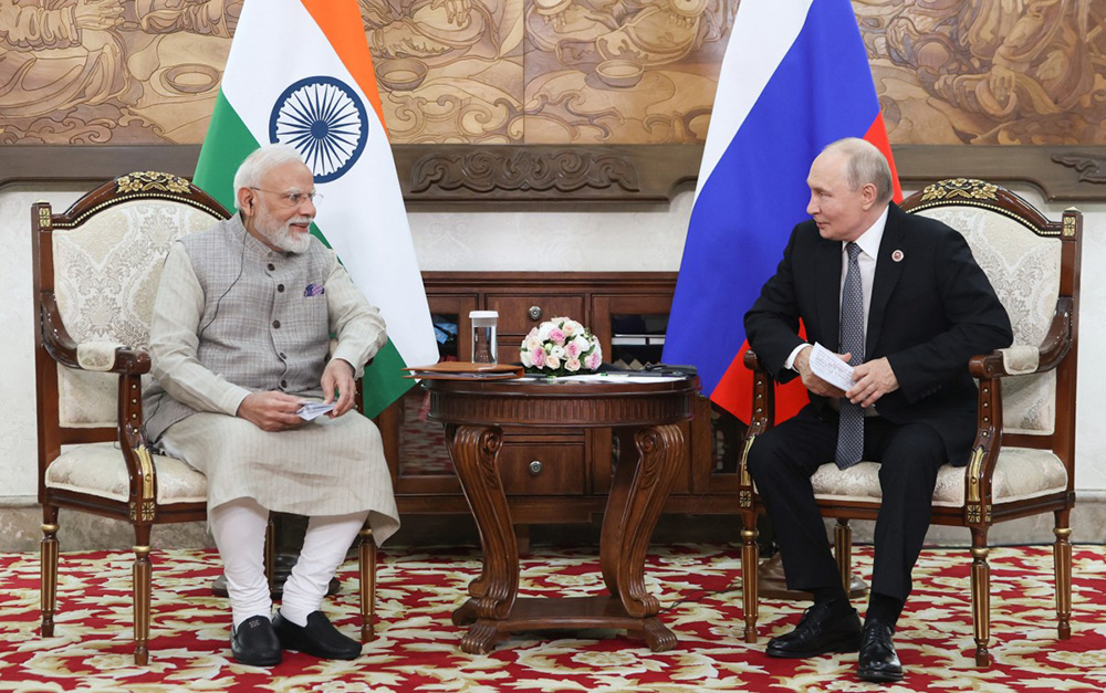 Russia's President Vladimir Putin and Indian Prime Minister Narendra Modi hold a meeting on the sidelines of the Shanghai Cooperation Organisation (SCO) summit in Bishkek on August 31, 2026. (Photo by Peter KOVALEV / AFP)