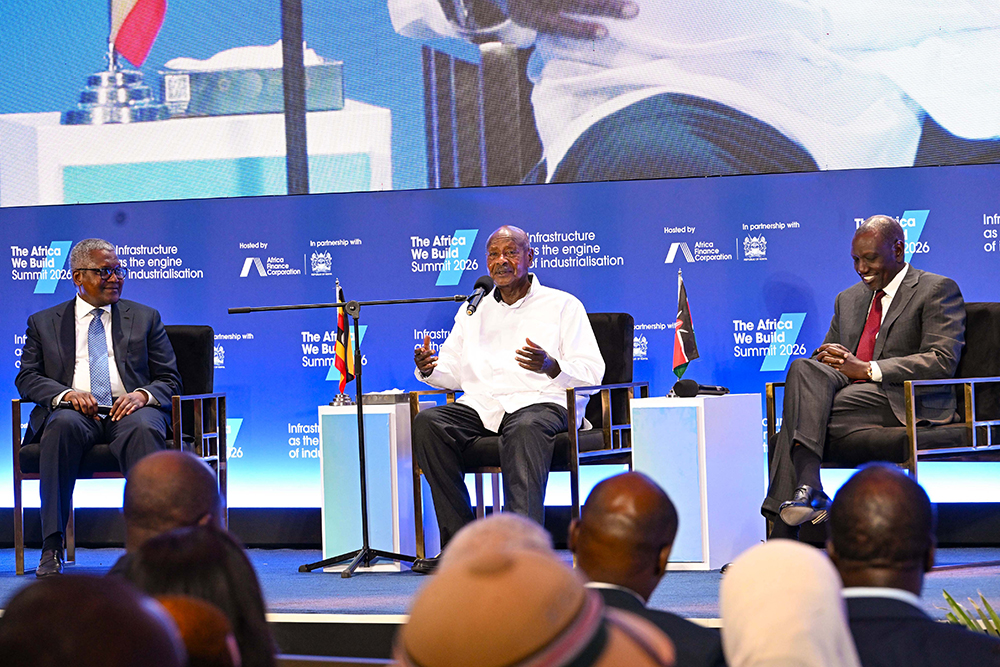 President Museveni leading the discussion during the Africa We Build Summit 2026 at JW Mariot Hotel in Nairobi on Thursday, as President William Ruto (R) and Aliko Dangote of the Dangote Group look.