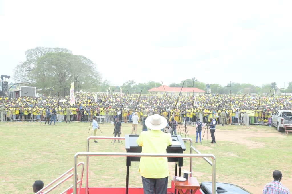 Museveni addressing supporters at the campaign rally. (Credit: Eddie Ssejjoba)
