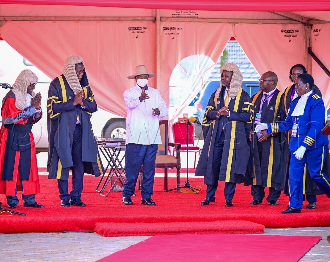 Chief Justice Flavian Zeija, Speaker of Parliament, Jacob Oboth-Oboth, President Yoweri Museveni, and deputy Speaker of Parliament, Thomas Tayebwa.