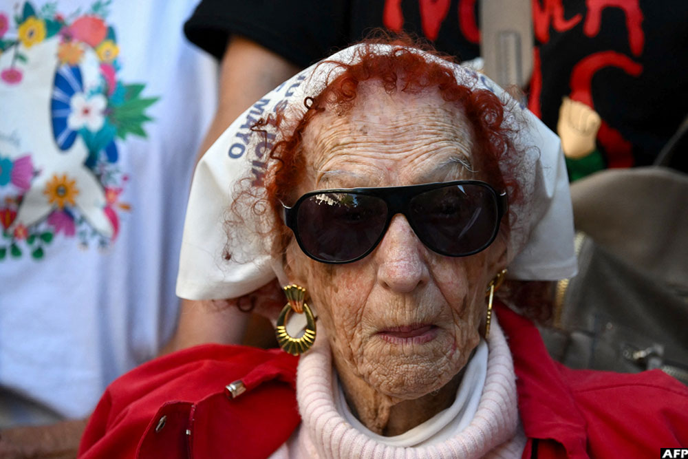 Elia Espen, member of the Argentine human rights group "Madres de Plaza de Mayo," attends a demonstration at Mayo Square on the 50th anniversary of the beginning of the last military dictatorship in Buenos Aires