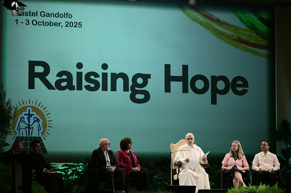 Pope Leo XIV attends the International Conference “Raising Hope for Climate Justice” on the occasion of the 10th Anniversary of the Encyclical Laudato Si’ at Mariapolis Center in Castel Gandolfo on October 01, 2025. (Photo by Tiziana FABI / AFP)