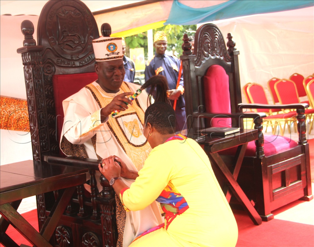 Emorimor Papa Iteso Paul Sande Emolot Etomeileng blessing Speaker of Parliament Annet Anita Among upon her arrival.