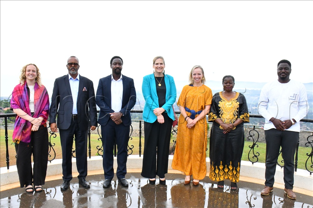 From L-R: Laura van Wezel an intern SRHR team, Busoga Kingdom's 2nd deputy Prime Minister Alhaj Osman Ahmed Noor, Kyabazinga of Busoga William Gabula Nadiope IV, the Ambassador of the Kingdom of the Netherlands to Uganda Frederieke Quispel, Elin Hilwig the 1st Secretary SRHR and Gender at the Embassy of Netherlands in Uganda, Kyabazinga Affairs Minister and Executive Director Kyabazinga Initiatives Yudaya Babirye, and Prince Wilson Nadiope a director Kyabaziinga Initiative, in a group photograph at Igenge Palace in Bugembe, Jinja City on Friday. 