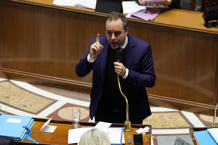 French Prime Minister Sebastien Lecornu delivers a speech ahead of no-confidence votes at the National Assembly in Paris, France, Feb. 2, 2026. (Xinhua)