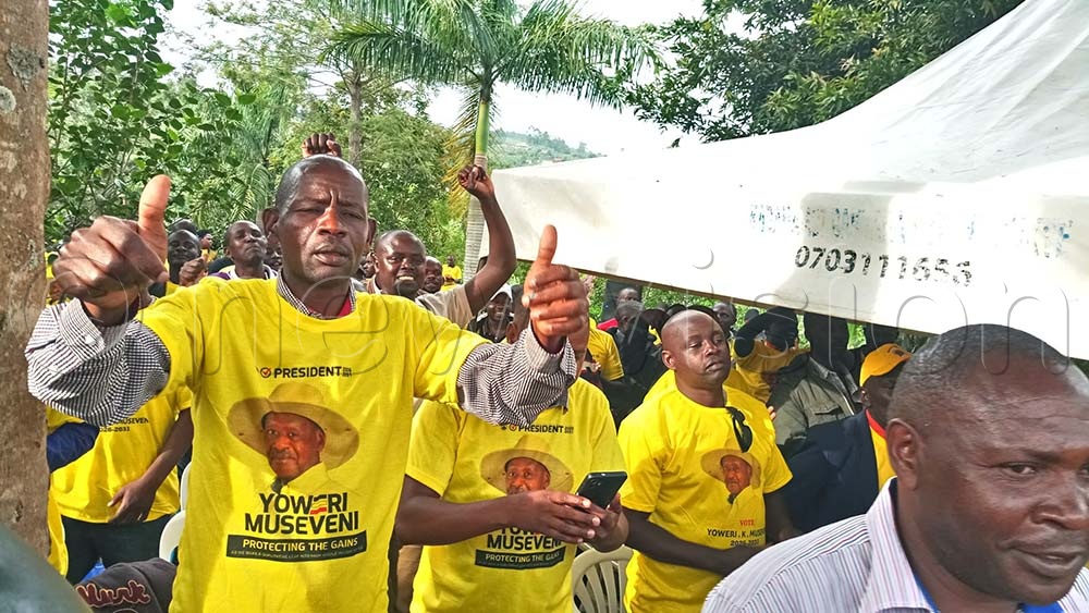 A cross-section of bodaboda riders during a campaign meeting at Quidproquo Scurry Inn in Ntungamo district. (Credit: Francis Emorut)