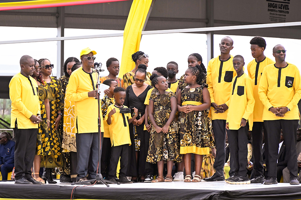 Prof. Ephraim Kamuntu introduces members of his family during his thanksgiving ceremony in Sheema on Saturday. (PPU Photo)