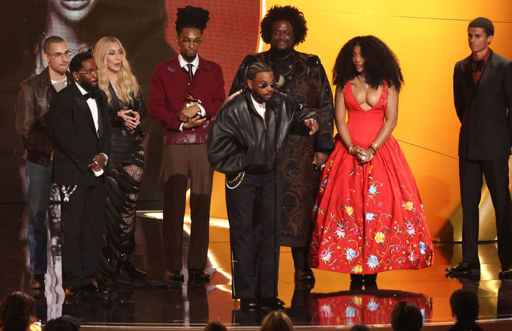 US rapper songwriter record producer Kendrick Lamar (2L), US record producer Sounwave (C) and US singer SZA (2R) accept the award for Record of the Year for "Luther" on stage during the 68th Annual Grammy Awards at the Crypto.com Arena in Los Angeles on February 1, 2026. (AFP)