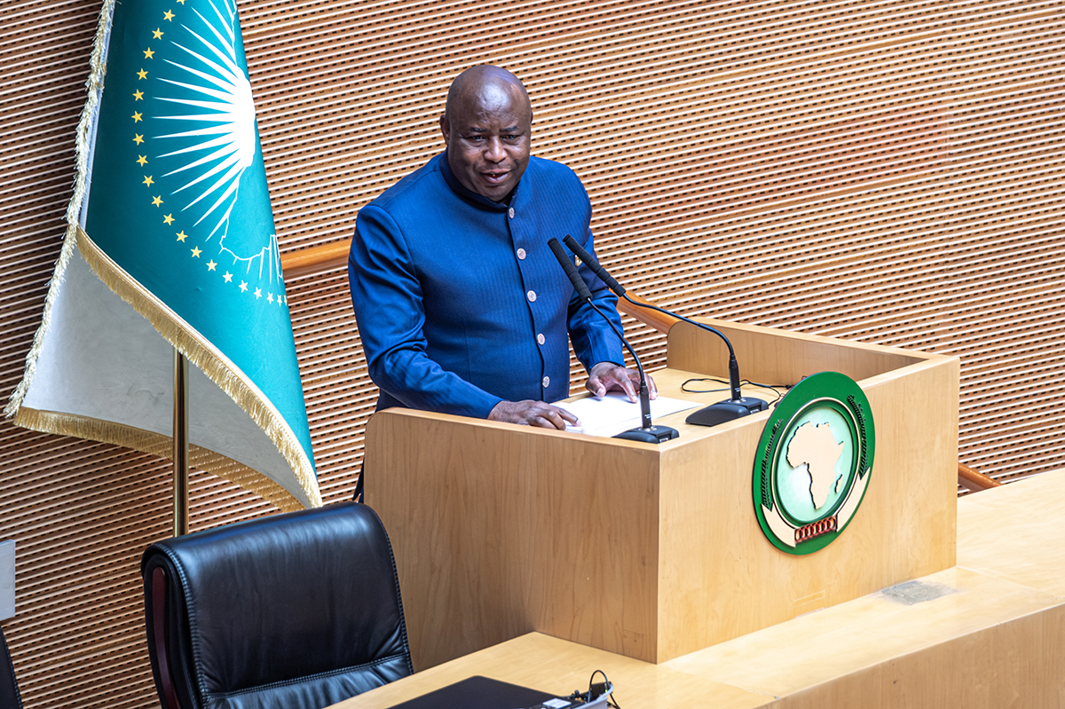 Burundi's President Evariste Ndayishimiye addresses a plenary session inside the Nelson Mandela Hall during the 39th Ordinary Session of the Assembly of the African Union. AFP Photo