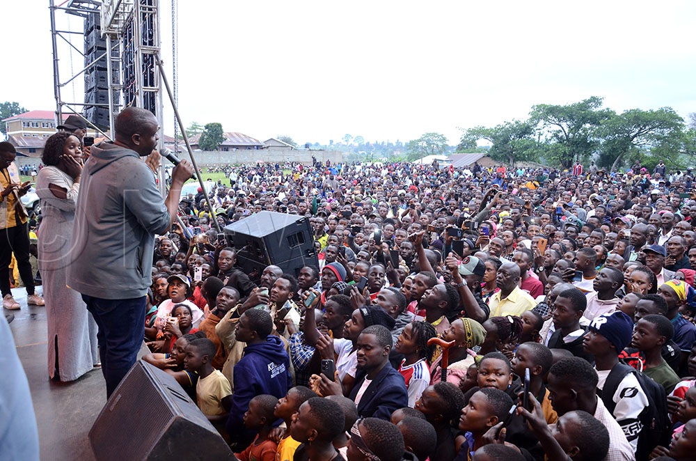 Balaam Barugahara, the Minister of Local Government addressing residents of Bunyangabu district during the Expose the Corrupt rally at Kibiito Playground in Bunyangabu District on August 20, 2026. (Credit: Lawrence Mulondo)