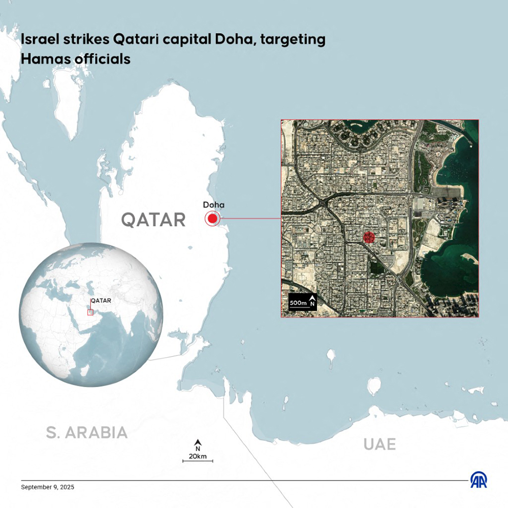 An infographic titled 'Israel strikes Qatari capital Doha, targeting Hamas officials' created in Ankara, Turkiye on September 9, 2025. (AFP)