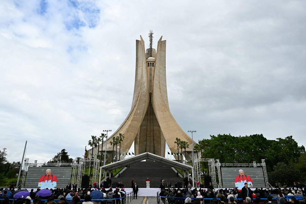 Pope Leo XIV speaks during a visit at the Maqam Echahid Martyrs&rsquo; Monument in El Madania, near Algiers on April 13, 2026. (AFP)