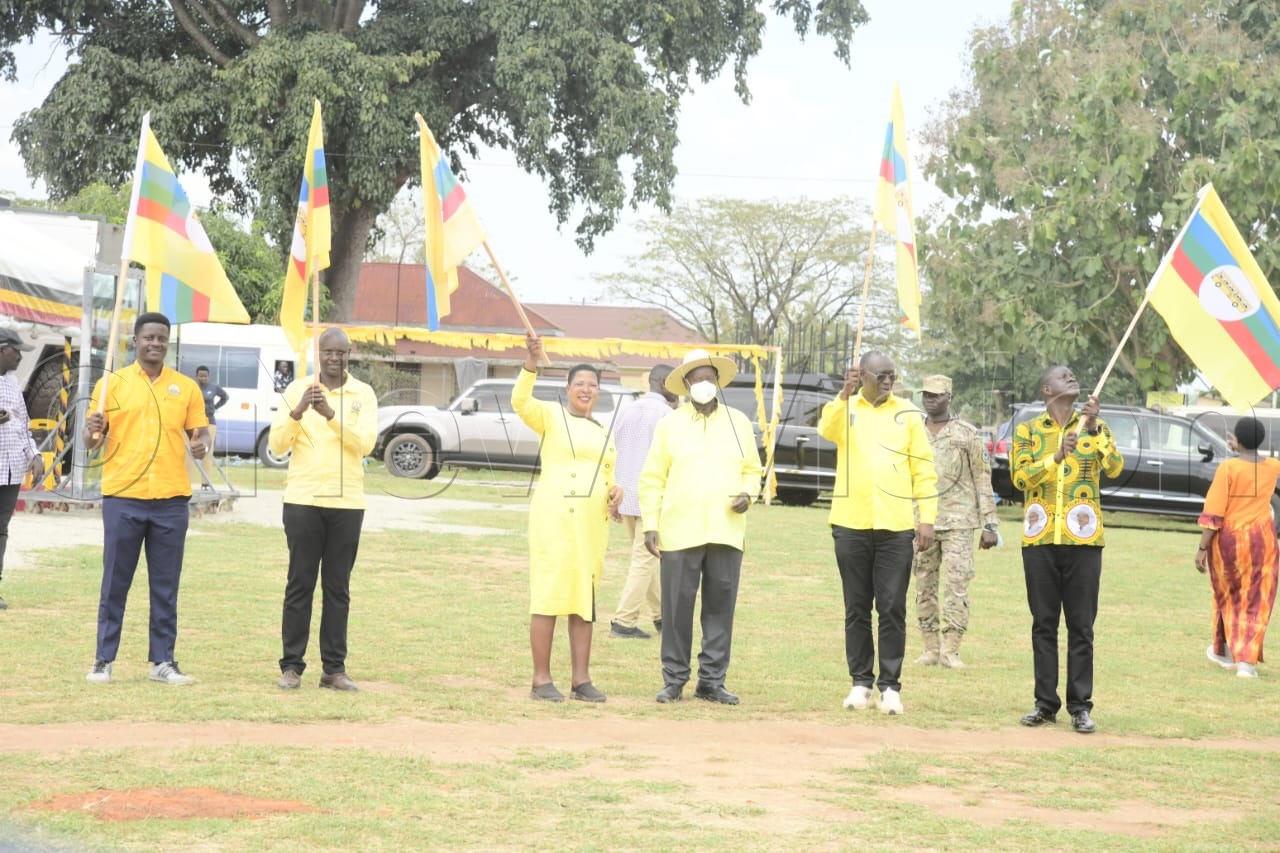 President Museveni with the Speaker of Parliament, Anita Among during the campaign rally. (Credit: Eddie Ssejjoba)