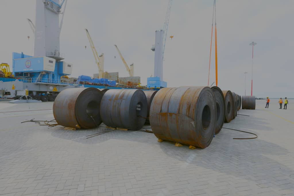 Wire rods being unloaded from a bulk vessel at the Port of Mombasa.