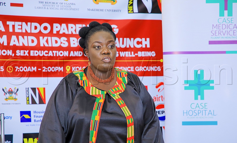 Catherine Ruhweza, CEO Mama Tendo Foundation speaking during the Launch of the Mama Tendo Parenting Symposium and Kids book at Vision Group Head Office on July 14, 2025. (Photo by Miriam Najjingo)