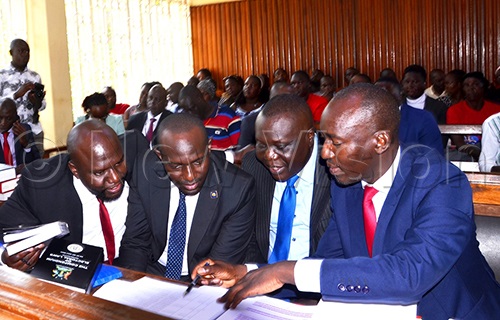 Senior Counsel Alaka Coleb and Samuel Muyizzi represented MP Ssewungu with other lawyers at Masaka Chief Magistrates Court. (Credit: Dismus Buregyeya)