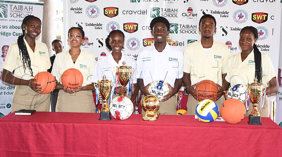 L-R: Taibah International School's student leaders: Wilma Charles, Melissa Ineeza, Wilma Andly Asiimwe, Rayyan Bwanika, Musha Escriva and Hannah Siduda display some of the items to be used during the launch of the 6th edition Taibah Independence Sports Tournament. Photo by Michael Nsubuga