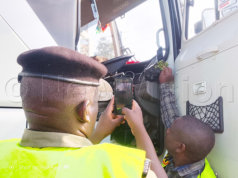 A Uganda Railway Corporation officer taking pictures of drugs (miraa) that were allegedly taken by the bus driver before the accident. (Photo by Isaac Nuwagaba)