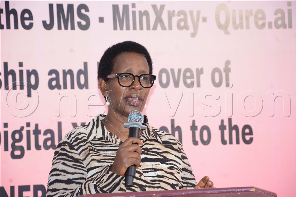 Diana Atwine, the Permanent Secretary at Ministry of Health speaking during the handover ceremony