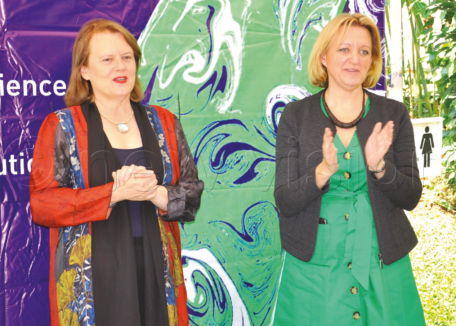 Janet Rogan (left) and Kate Airey after a press conference at the residence of the British High Commission.