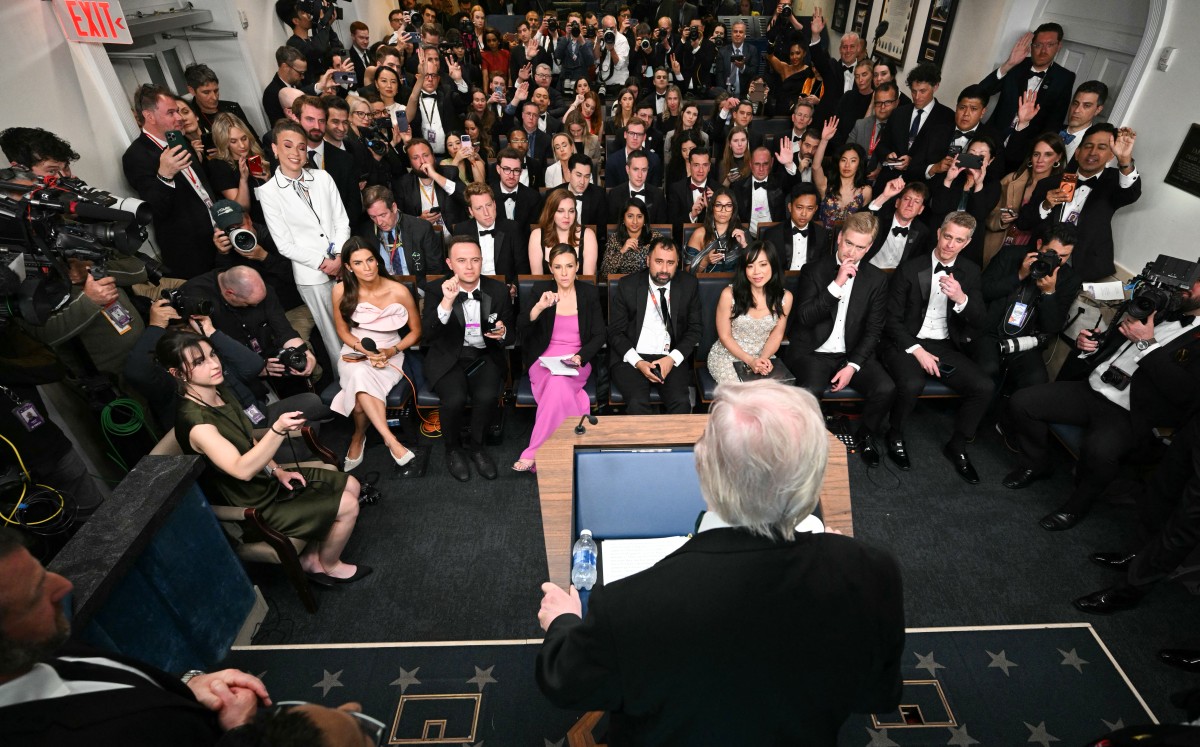 US President Donald Trump speaks during a press briefing in the Brady Briefing Room at the White House in Washington, DC, shortly after a shooting incident at the White House Correspondents&rsquo; Dinner.
