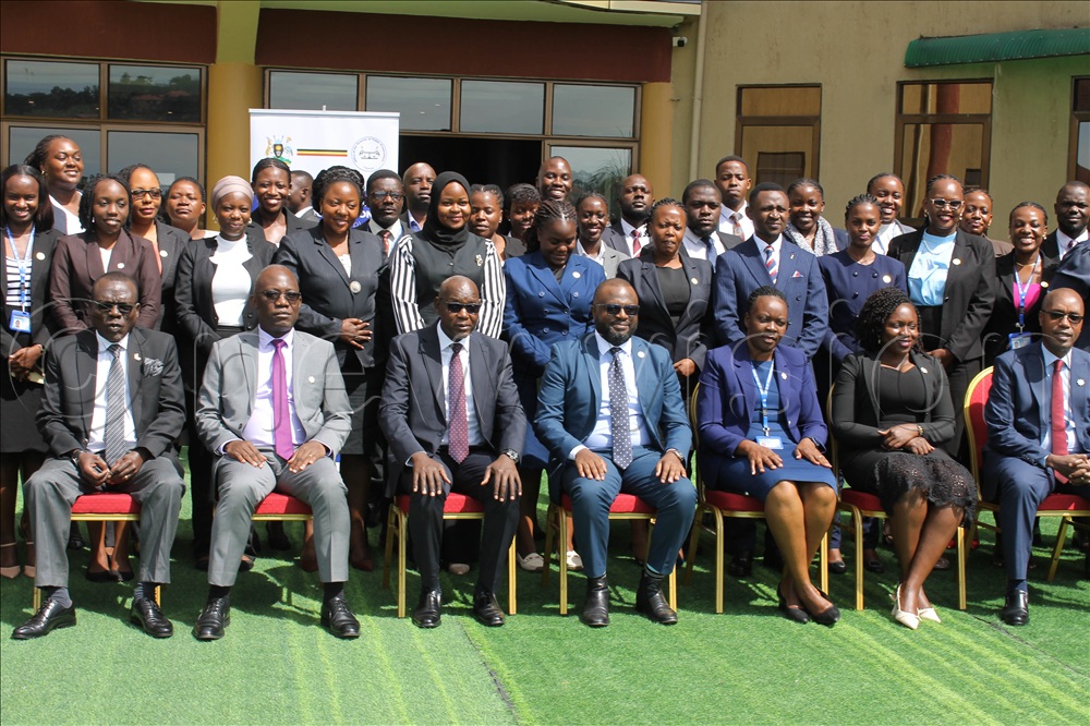 DPP Lino Anguzu (3rd from left) with other officers from DPP posing for the photo with 38 new State Attorneys who are undergoing a one-week induction training which kicked off today morning (13.04.2026) at Las Vegas Hotel in Mbarara City North Division-Mbarara City.