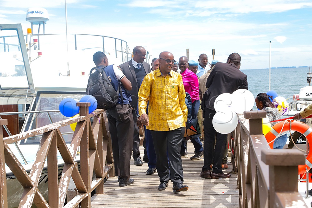 Chief Justice Dr Flavian Zeija arriving at Kalangala district for the launch of the boat on Saturday, March 28, 2026. (Photo by Farooq Kasule)